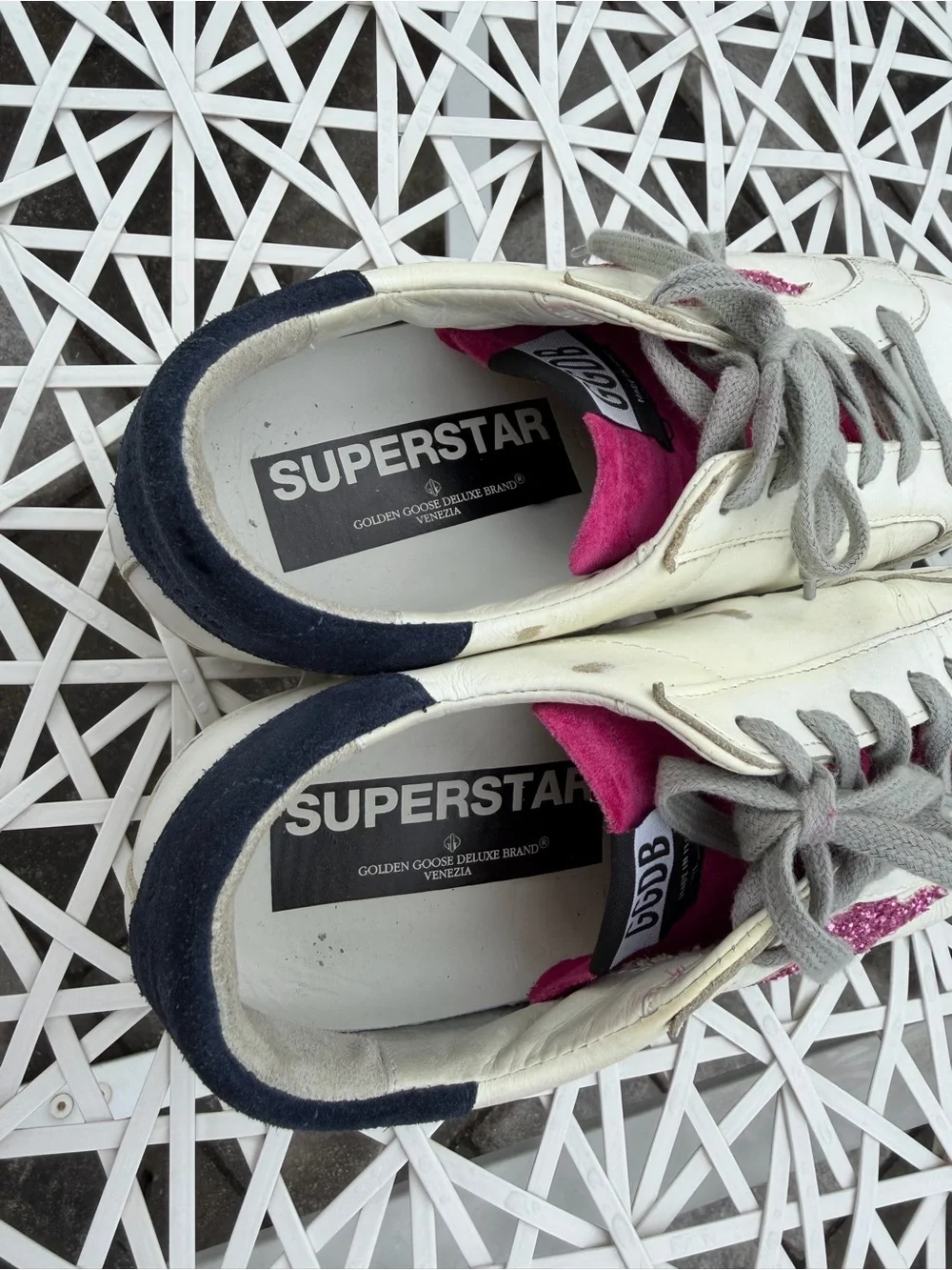 Golden Goose Kids White Leather Sneakers with Pink Glitter Star and Navy Heel